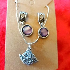 Beautiful Sterling EARRINGS w purple stone & reversible 2 sided rose NECKLACE.